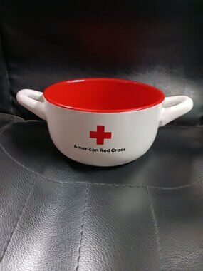 American Red Cross Double Handle Soup or Chili Bowl Red Interior
